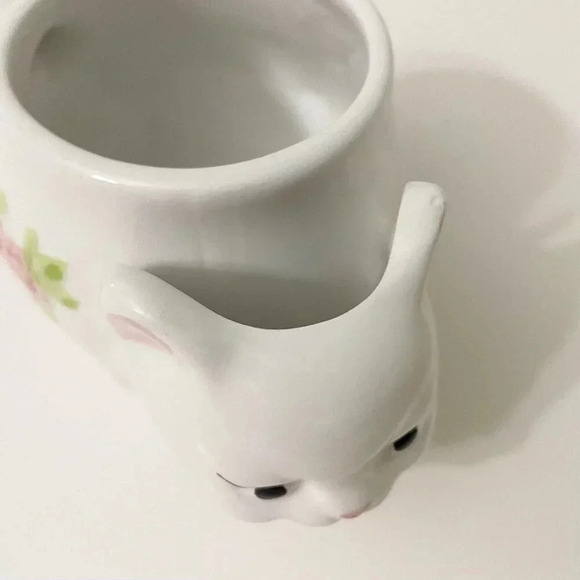 Vtg White Ceramic Kitty Cat Pink Flowers  Tea Bag Holder Cup Mug Small Chip - Picture 3 of 16